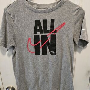 Nike Boy's Grey Short-Sleeve Tee with Red Swoosh and Black Graphic